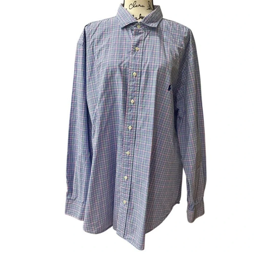 Polo Ralph Lauren Mens 2XB Big Tattersall Check Cotton Button‎ Down Shirt Blue